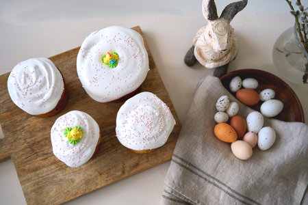 Preparing for Holly holiday. Waist up portrait of happy family showing just baked delicious Easter...
