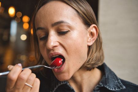 Portrait of young woman eating dessert in a cafe.