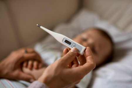 Worried young mother sitting on sofa beside her sick son with high fever. Mom measures temperature...
