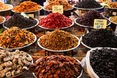 Dried berries on the counter. Raisins, dried apricots, prunes. Vegan food. healthy foodのeditorial素材