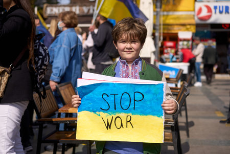 ANTALYA, TURKEY - February 24th 2022: Ukraine War Protest. Protest against Russian invasion of Ukraine. Some Ukraine Anti War sings and banners.のeditorial素材