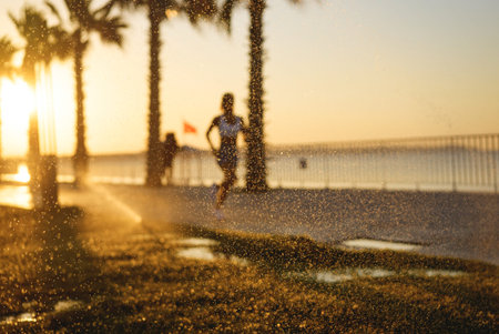 Young woman run sunrise at seaside. Young woman enjoys running outside with beautiful summer morning...