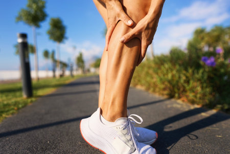 Caucasian female runner sport woman has leg cramp while she is running on beach in morning