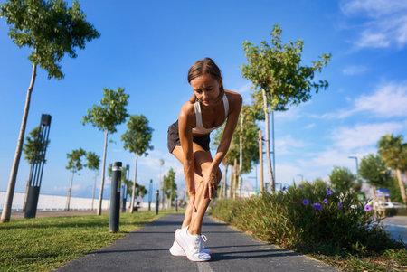 Caucasian female runner sport woman has leg cramp while she is running on beach in morning