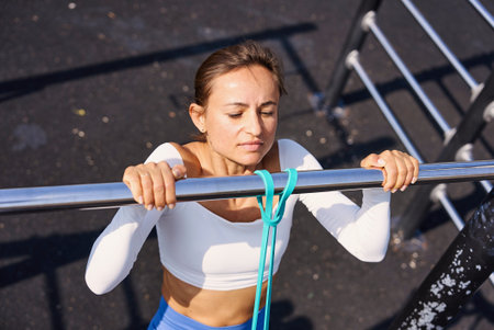 Woman doing pull-up. Strong girl in sportswear doing pull up exercise. Be H3althy.