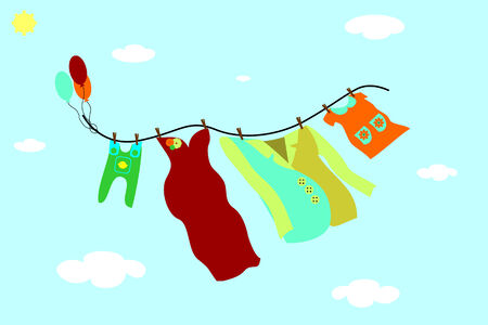 family flies in nepap-jacket, mother dress, daughter-baby dress, the son and the sliders pegs attached to a rope and fly in the clouds のイラスト素材