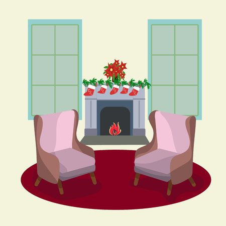 Windows, fireplace and two armchairs in frontのイラスト素材