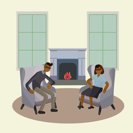 Windows, fireplace and two armchairs in frontのイラスト素材