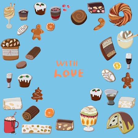 Oval made of different winter desserts, sweets, food and drink. Design template.のイラスト素材