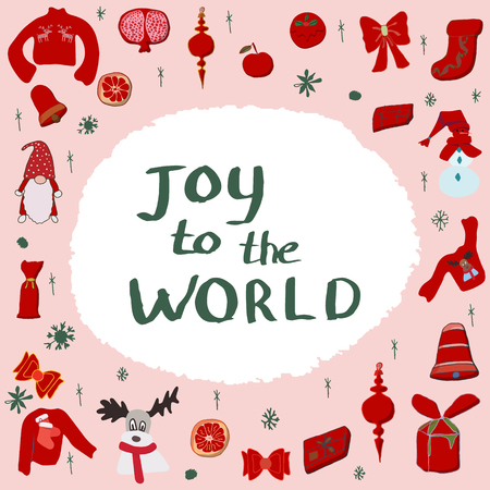 Square greeting card tempalte with festive elements and added handwritten note. Joy to the world.のイラスト素材