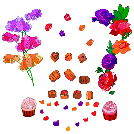 Hand drawn botanical doodle of roses, sweet pea flowers plus cupcakes and chocolate. Romantic design for Valentine. - Vectorのイラスト素材