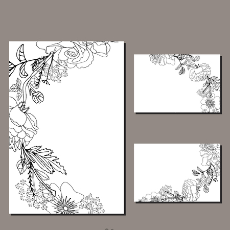 Set of cards with black floral design on white background.のイラスト素材