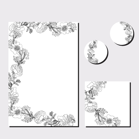 Black floral template for your design, greeting cards, festive announcements, posters. White background.のイラスト素材