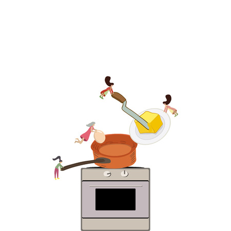 Small female preparing to fry an egg. Little women holding butter and an egg and putting a pan on cooker.のイラスト素材