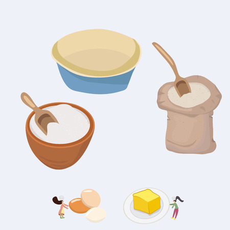 Tiny people working in the kitchen. Homemade baking in process. Vector illustration.のイラスト素材
