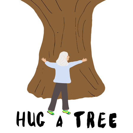 Woman hugging a tree illustration on white background. Handwritten note hug a tree.のイラスト素材