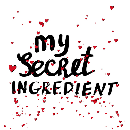My secret ingredient hand lettering with red hearts on white background. Vector.のイラスト素材