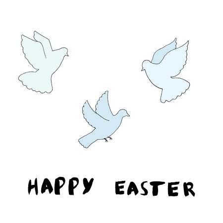 Hand written Happy Easter lettering with ink brush. Hand drawn doves character clipart. Vector illustration on white background.のイラスト素材