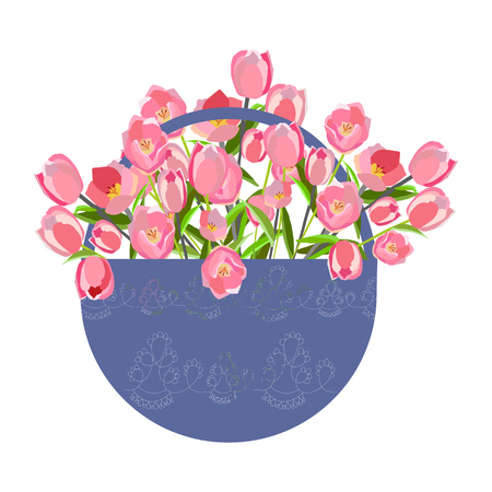 Beautiful blue basket with pink tulips on white background. Isolated poster design element. Vector illustration.のイラスト素材