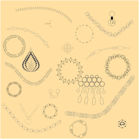 Black jewellery set illustration on pastel beige background. T-shirt, poster, banner vector design, greeting cards, jewellery store advertisements. Vector illustration.のイラスト素材