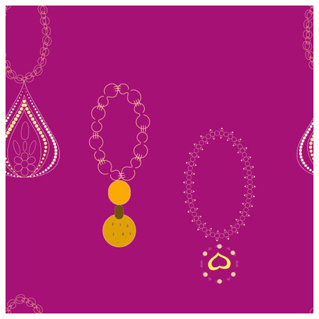 Gold pendants on bright magenta background seamless pattern. Accessories sketch clipart. Jewels textile, background, web, wrapping paper. Vector illustrationのイラスト素材