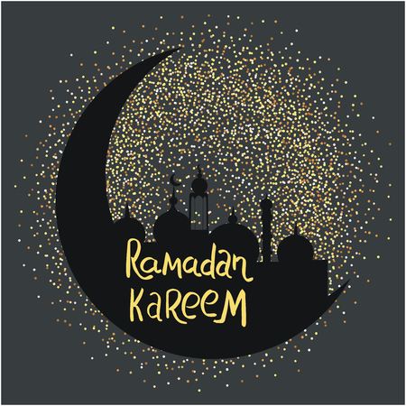 Ramadan Kareem with sparkling glitter crescent moon on dark background for muslim holy month. Flat style background. Seasonal holidays greeting card, poster design elements. Vector.のイラスト素材