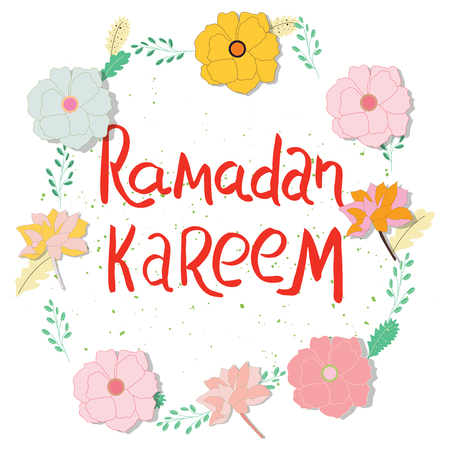 Hand lettering Ramadan Kareem and flower circle frame. Design for Ramadan celebration. Vector.のイラスト素材
