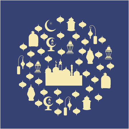 Arabic elements vector background. White islamic elements in circle border. Isolated greeting card, poster design element. Vectorのイラスト素材