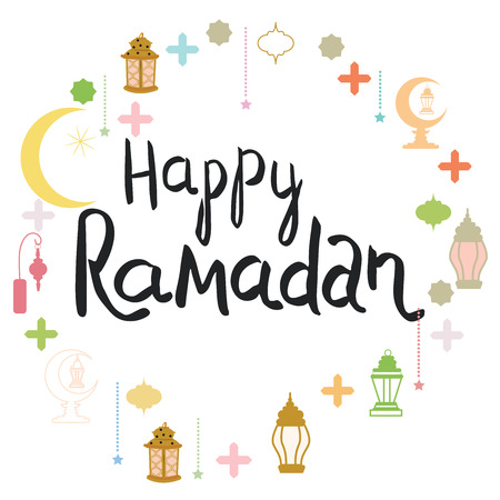 Hand lettering Happy Ramadan with circle islamic symbols. Design for Ramadan celebration. Vector.のイラスト素材