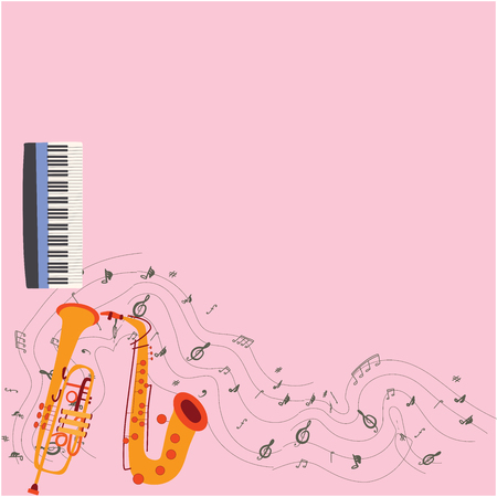 Vector design of musical instruments on pink background.  Keyboard, saxophone and trumpet with musical notes hand drawn color illustration. Greeting card, banner, poster sketch design. Vectorのイラスト素材