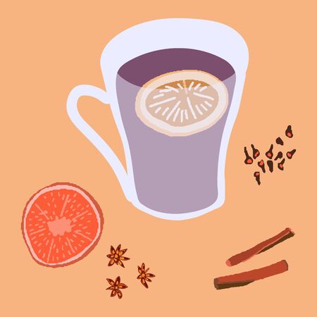 Mulled wine hand drawn color illustration. Glass of mulled wine with mulling spices. Flat style illustration. Festive greeting card, banner, poster sketch design.のイラスト素材