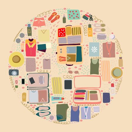 Round shape with flat lay clothes and top view packed suitcase. Travel and preparing luggage elements on beige background. Advertising, poster, banner and web design.のイラスト素材