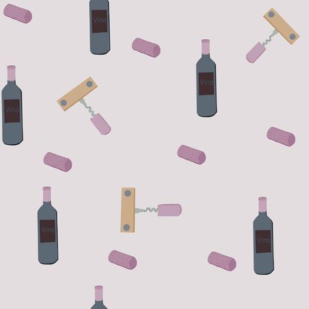 Corkscrews and wine bottles on light blue background seamless pattern.  illustration.のイラスト素材
