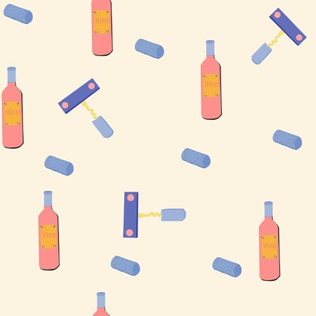 Hand drawn pink boottles and blue corkscrew seamless pattern. Design element isolated on light background.  illustration.のイラスト素材