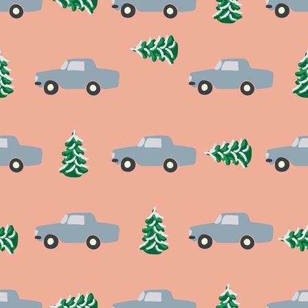 Christmas trees and grey cars seamless pattern on pink background. Flat style illustration. Greeting card, poster, design element. のイラスト素材