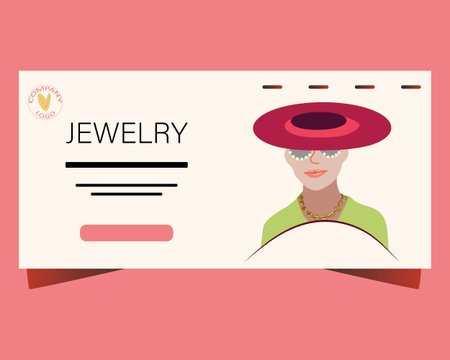 Landing page with Beautiful woman wearing hat, sunglasses and trendy jewelry. Jewelry model background. Flat Design.のイラスト素材