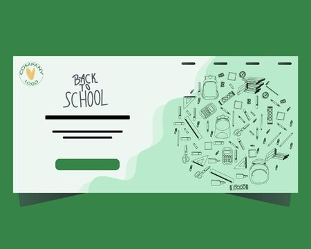 Back to school concept, flat design. Template for banner, poster, web. Landing page with school supplies outlines style in round shape.のイラスト素材