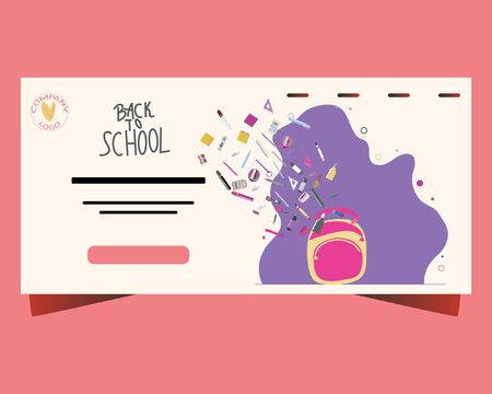 Back to school concept, flat design. Template for banner, poster, web. Landing page with backpack and paints, crayons, pencils, school supplies flying inside.のイラスト素材