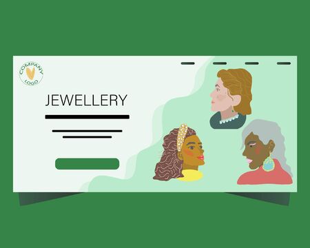 Landing page template with beautiful jewellery black models. Jewelry model background. Flat Design. vectorのイラスト素材