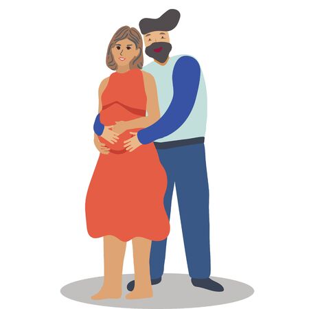 Pregnancy and parenthood concept illustrations. Man hugging woman, expecting couple. Adoption. App, website or Web Page.  illustration.のイラスト素材