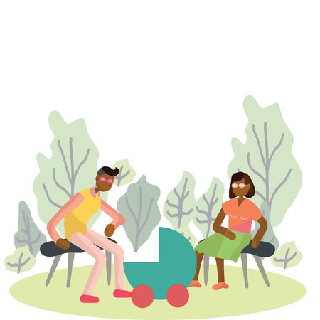 Pregnancy and parenthood concept illustrations. Family activities. Couple with newborn pram in the park. Family weekend. Adoption. App, website or Web Page.  illustration.のイラスト素材
