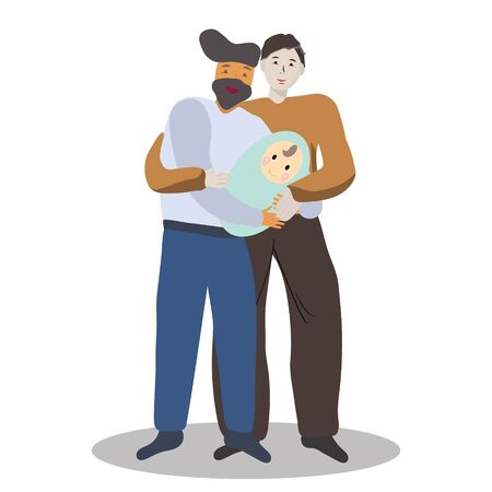 Pregnancy and parenthood concept illustrations. LGBT parenting. Male couple holding a newborn baby, gay couple baby.  Adoption. App, website or Web Page. illustration.のイラスト素材