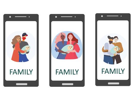 Pregnancy and parenthood concept illustrations. LGBT parenting. Various scenes with woman holding a newborn baby, man holding a newborn baby, parents with a baby. Adoption. Mobiel App, website or Web Page.  illustration.のイラスト素材