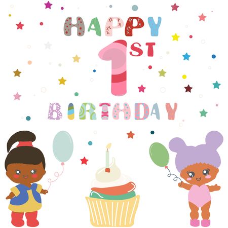 Cute baby dolls with baloons, cupcake and candle. First birthday party. Happy 1st birthday note.のイラスト素材