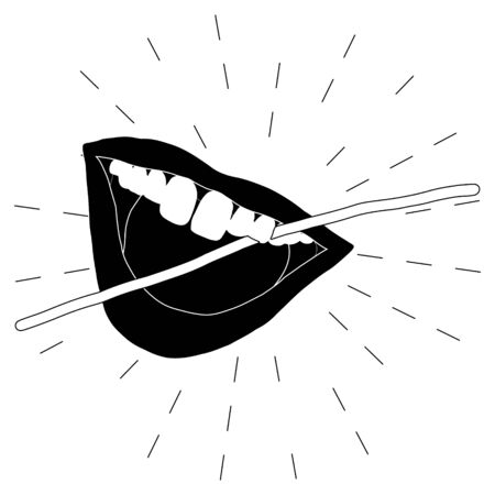 open mouth and dental floss icon illustration on black and white. Dental care concept. Flat cartoon style. Vector Illustration.のイラスト素材