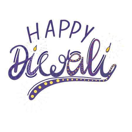 Happy diwali hand lettering with candles. Purple illustration isolated on white background.のイラスト素材