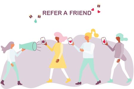 Word of mouth advertising refer a friend concept. Woman shout in a megaphone refer a friend and people come with a friend. For landing page, user interface, web, mobile app, poster, banner. Vector illustration.のイラスト素材