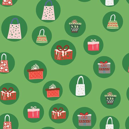 Coral colour boxes and gift bags icons on green background seamless pattern. Web, wrapping paper, background fill.のイラスト素材