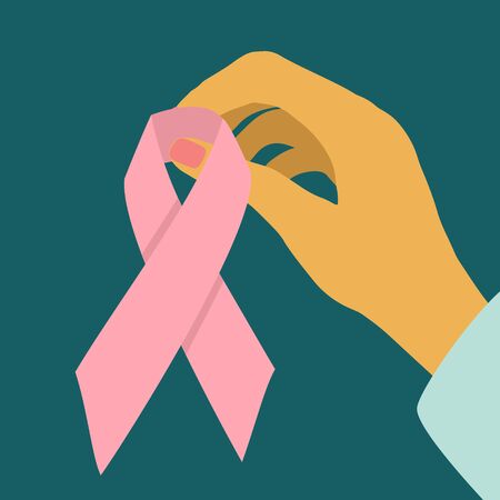 Female hand holding a pink ribbon. Support breast cancer awareness month. Cancer fighting inspirational element. Vector illustrationのイラスト素材