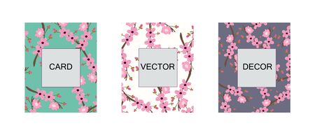 Set of three cards with seamless pink cherry blossom pattern. Spring endless design banner template. Vector illustration.のイラスト素材